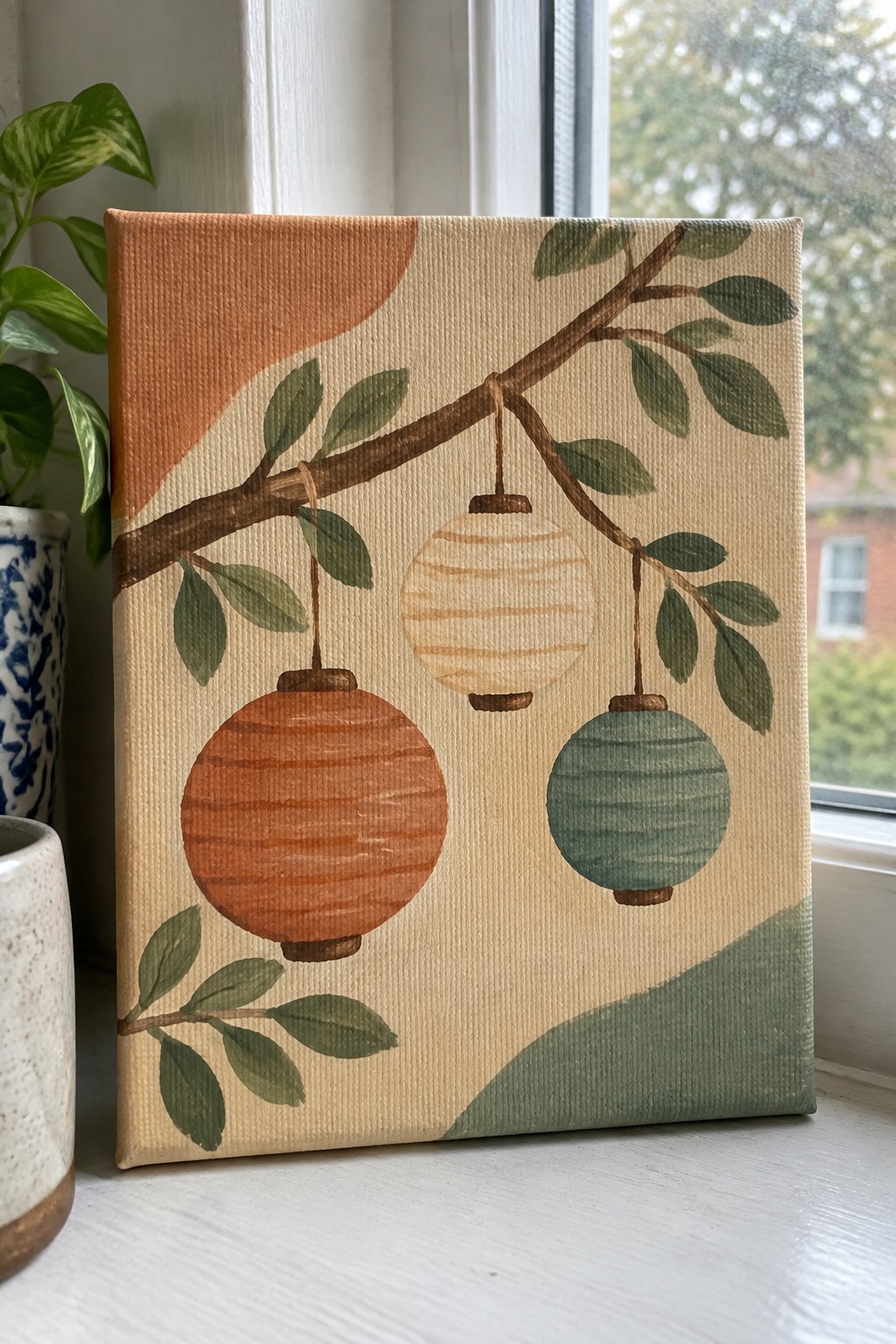 Canvas painting of three lanterns in orange, cream and teal hanging from a leafy branch