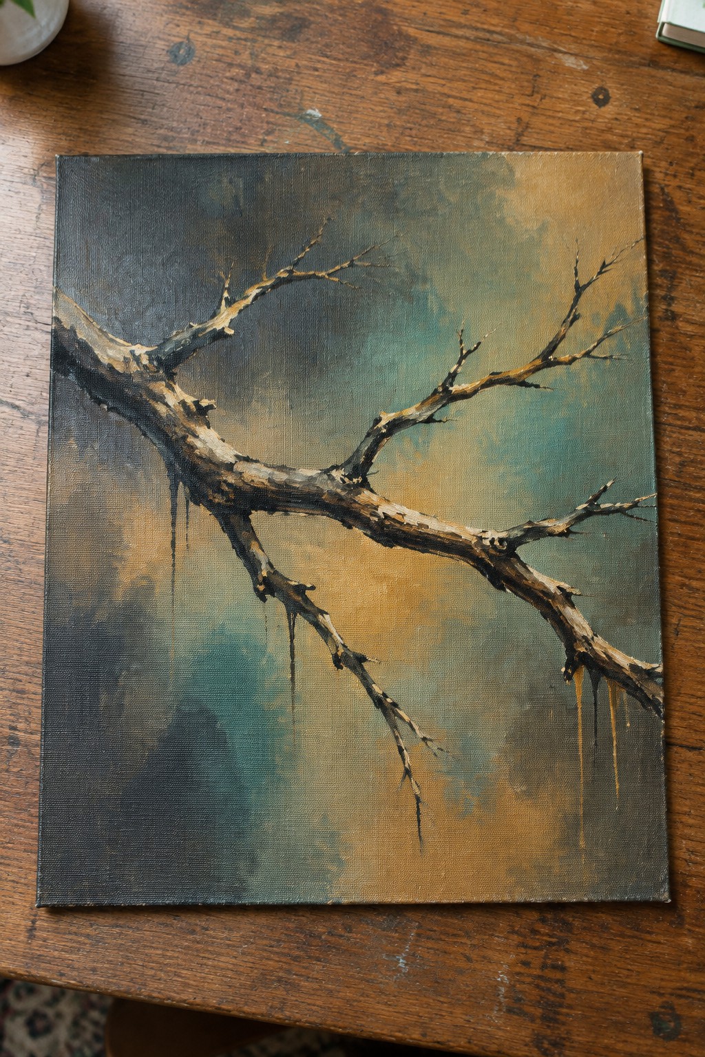 Moody painting of a gnarled bare branch with yellow drips on wooden table.