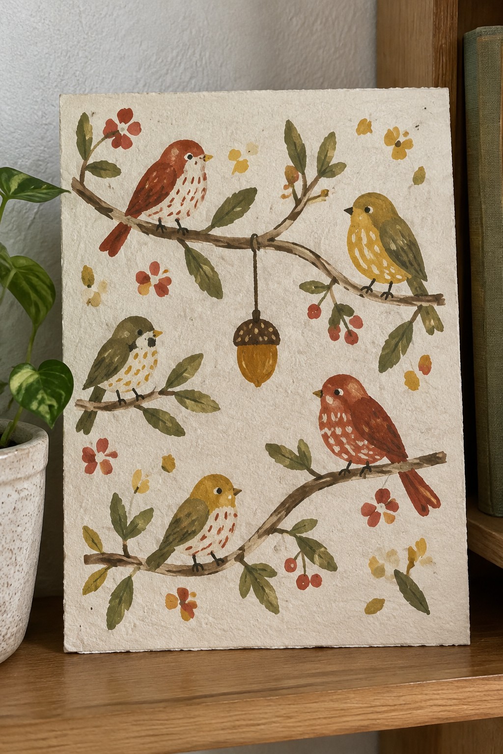 Watercolor painting of four colorful birds on branches with flowers and hanging acorn.