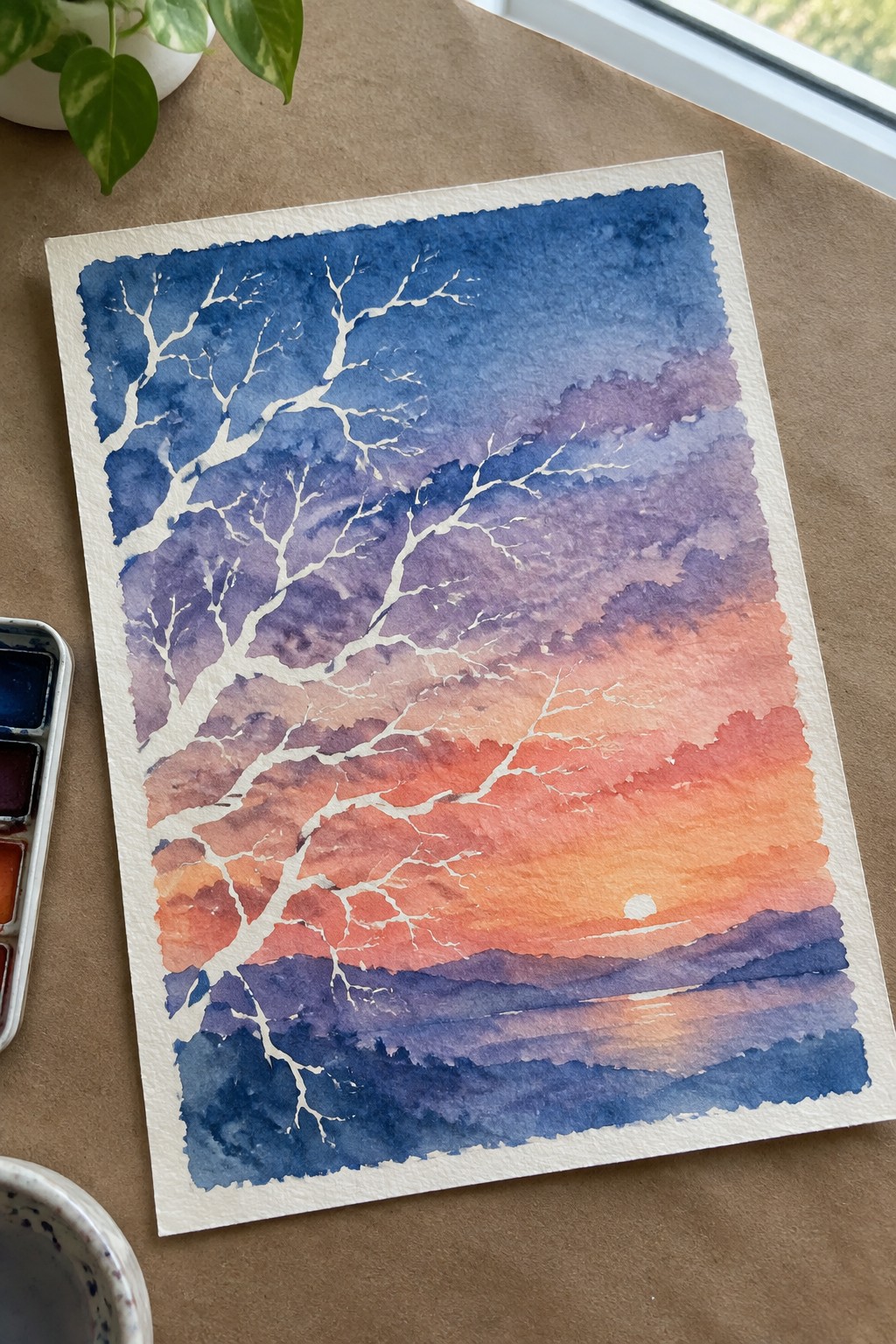 Watercolor sunset painting with white tree branches, gradient orange-purple sky, and distant sun.