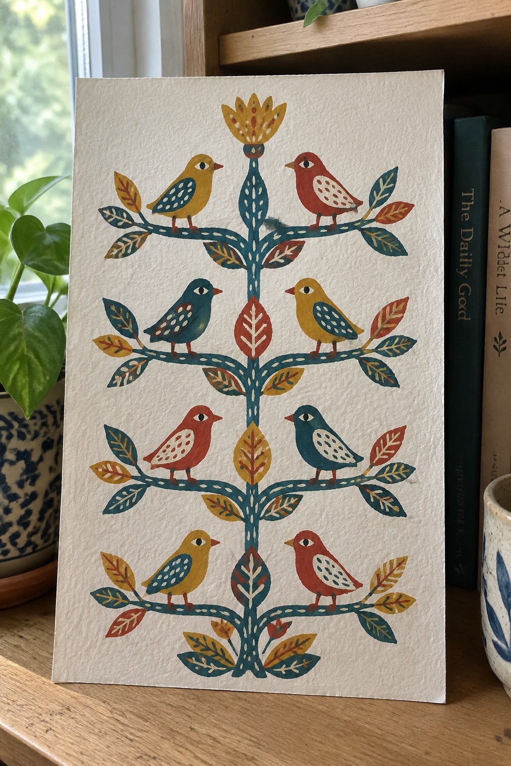 Folk art tree with colorful birds perched on branches amid patterned leaves.
