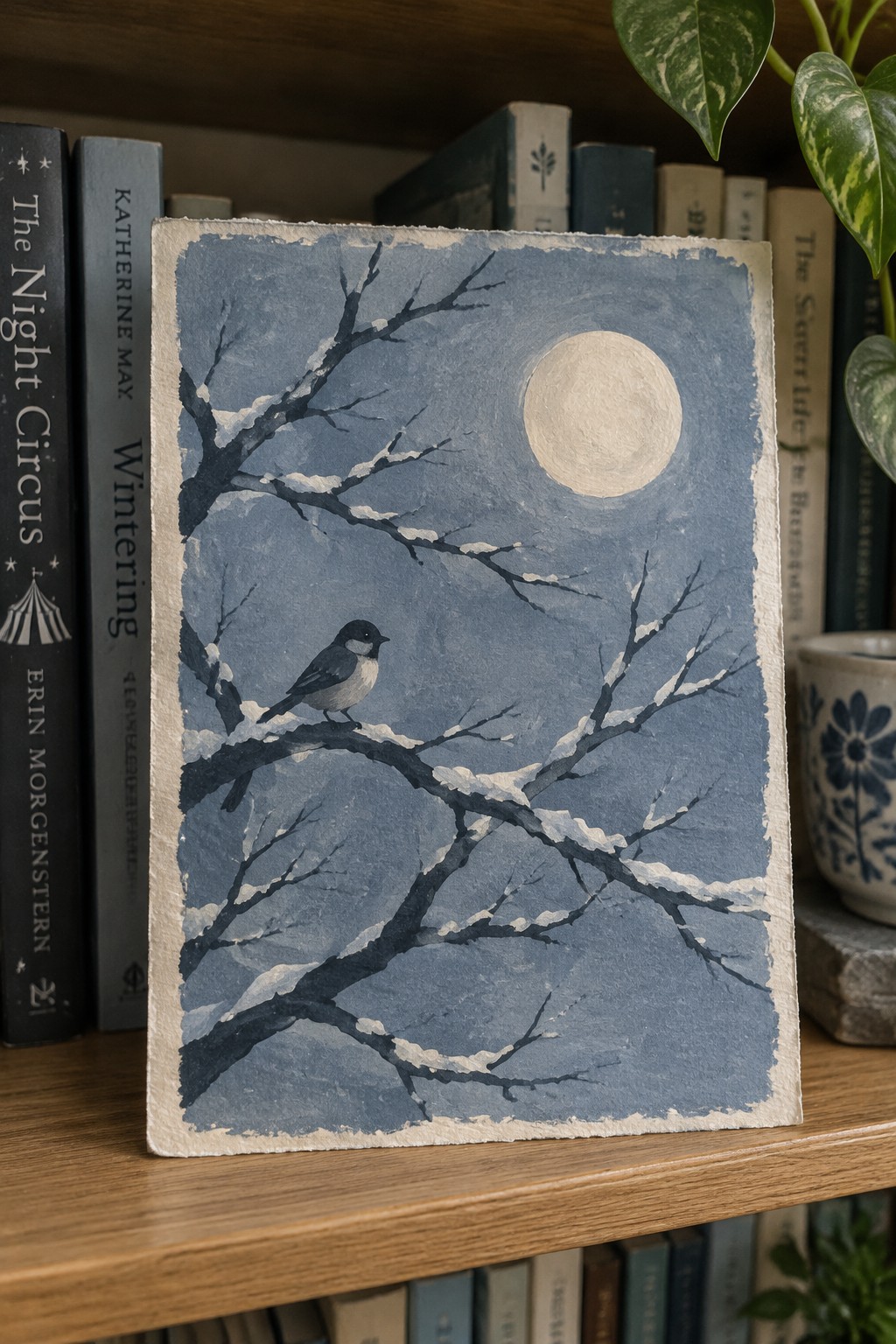 Blue-toned painting of bird on snowy branches under full moon, on bookshelf