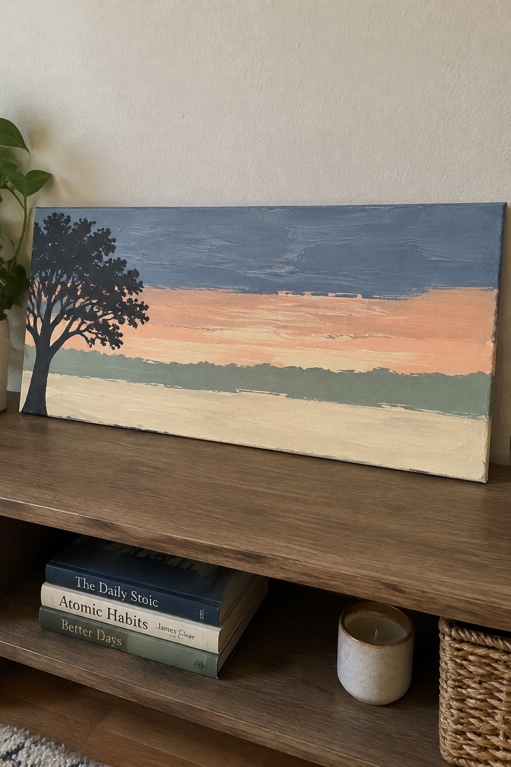 Silhouetted tree painting in sunset hues on wooden shelf above stacked books and candle.