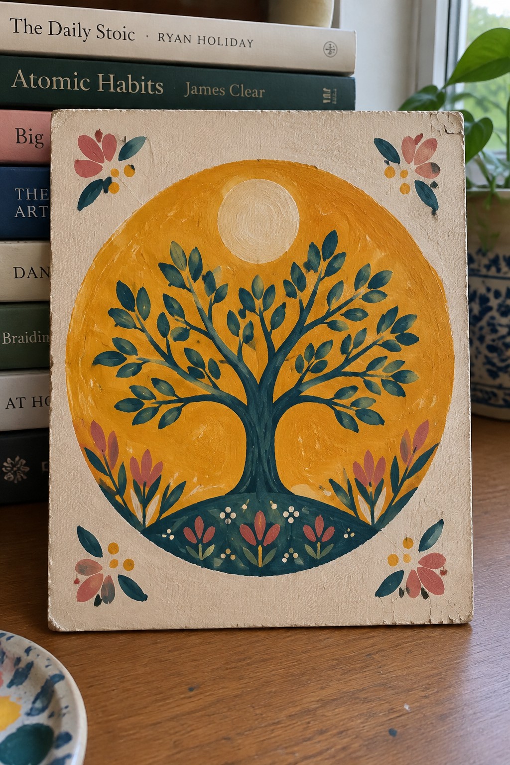 Hand-painted folk tree with flowers on wood panel against self-help books on table