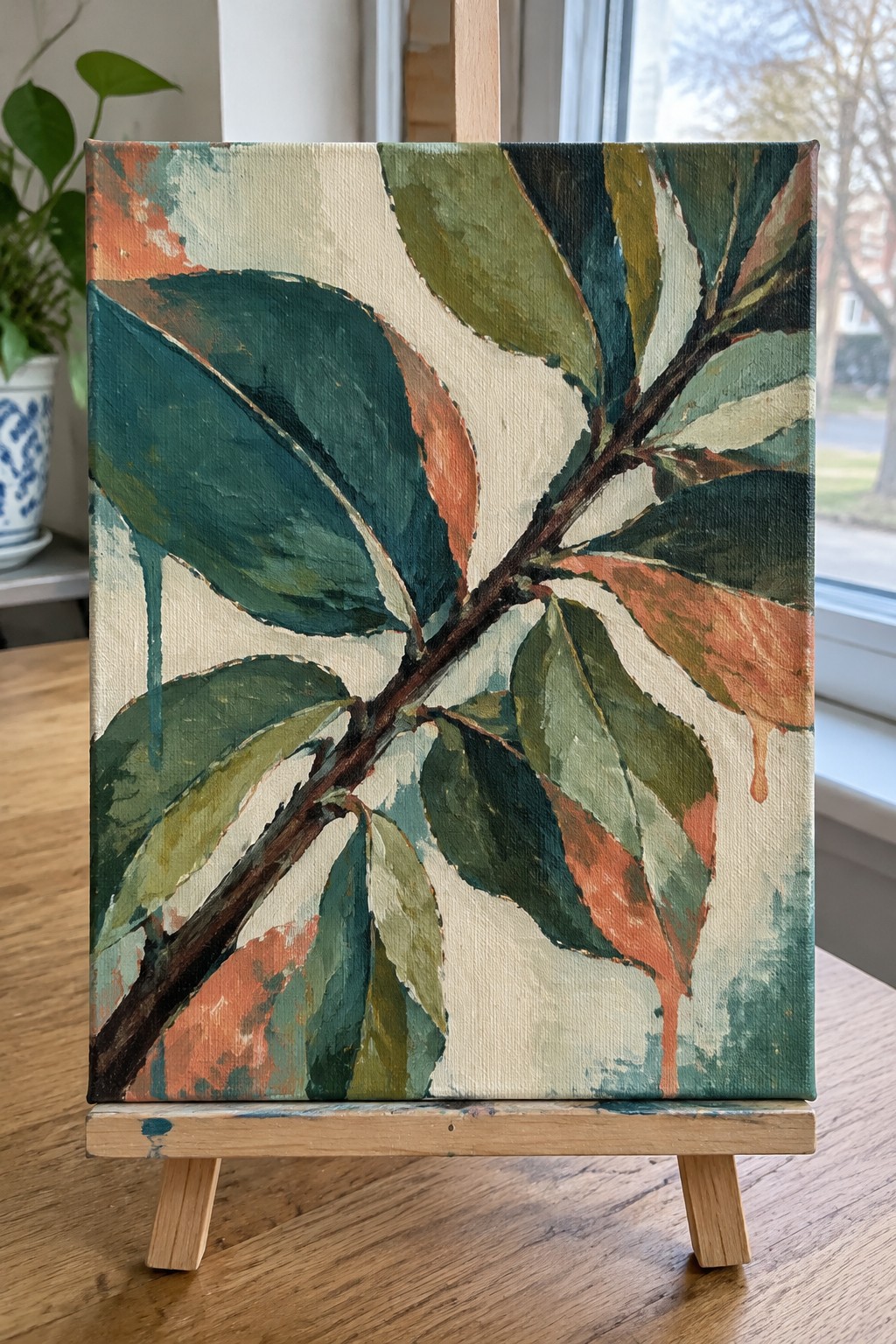 Painting of green orange teal leaves on branch atop wooden easel