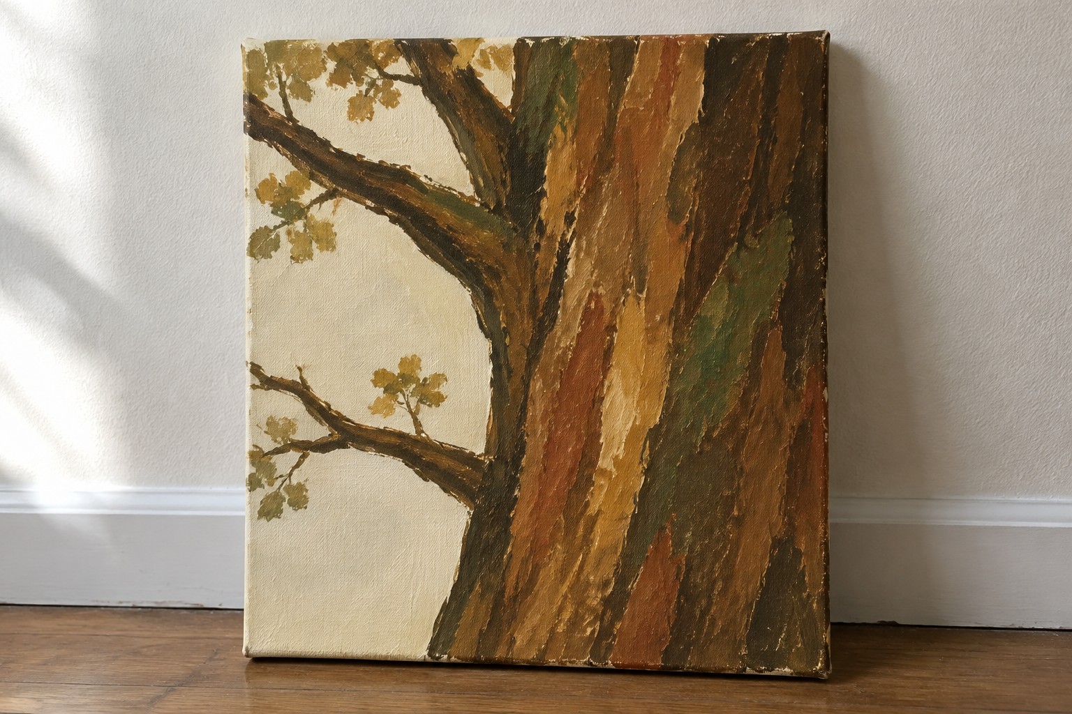 Painting of textured tree trunk in browns with autumn leaves on branches.
