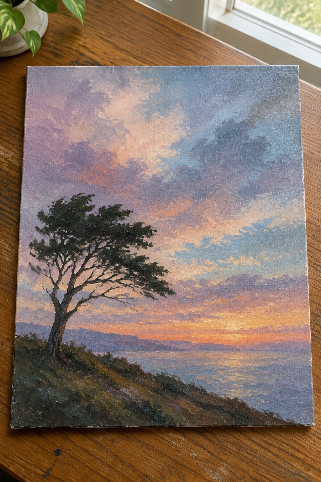 Oil painting of windswept tree on hillside overlooking vibrant sunset over calm water.