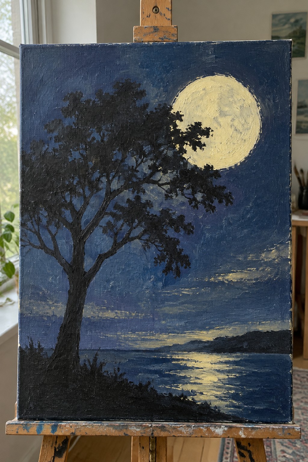 Moonlit night painting on easel with full moon, silhouetted tree, and glowing water.