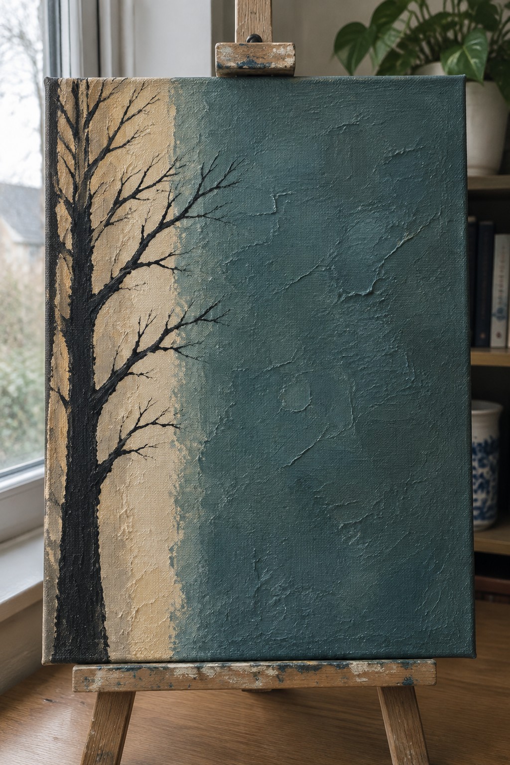 Painting on easel with black tree on beige and textured teal background