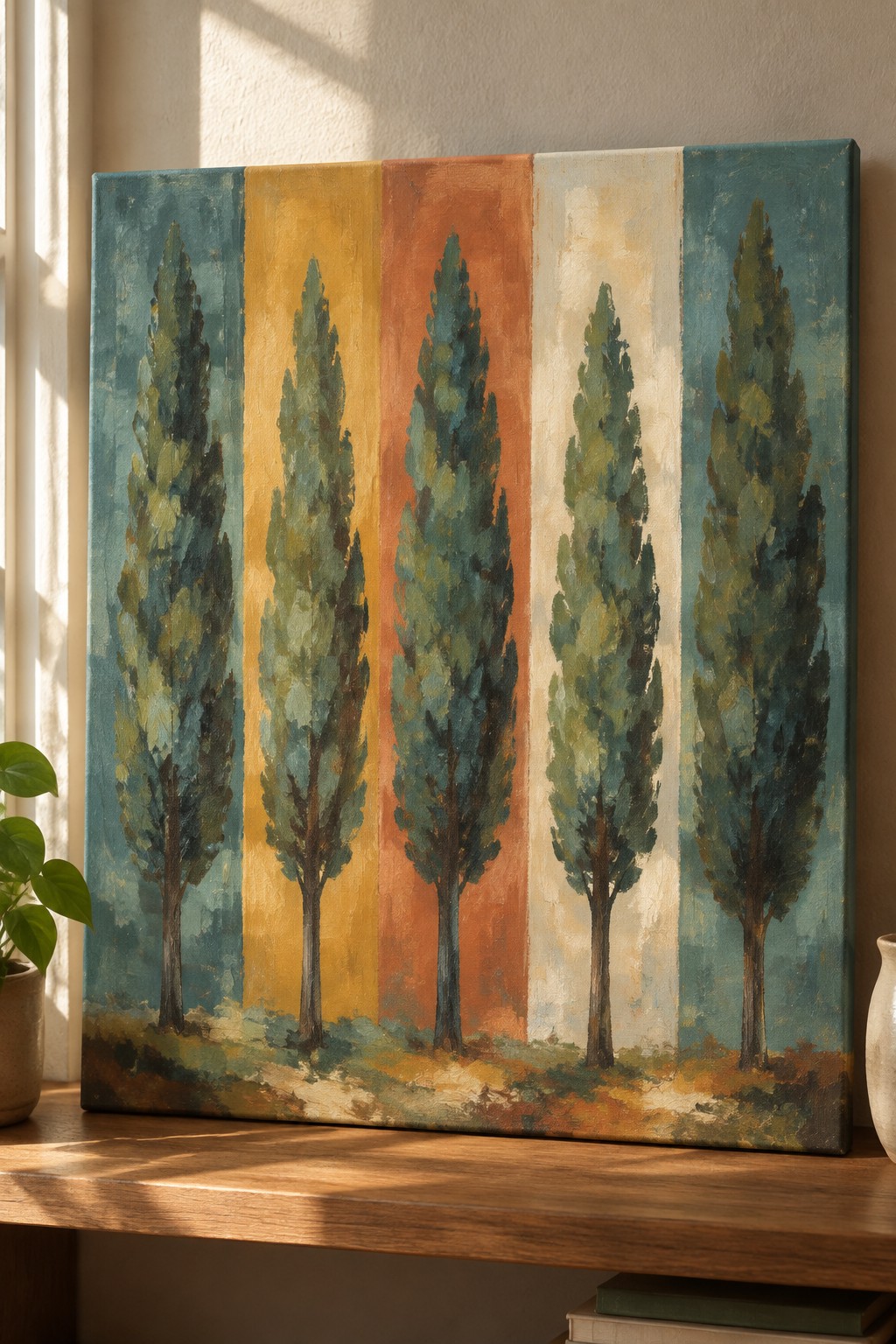 Five stylized cypress trees in teal, yellow, orange, and blue vertical stripes