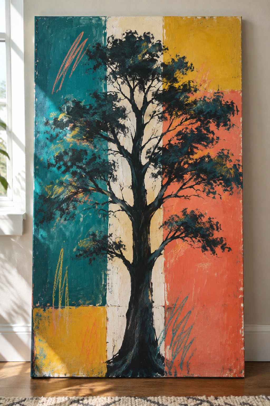 A large canvas painting shows a dark tree with thick trunk and branches centered over vertical blocks of teal, cream, yellow, and red-orange paint.