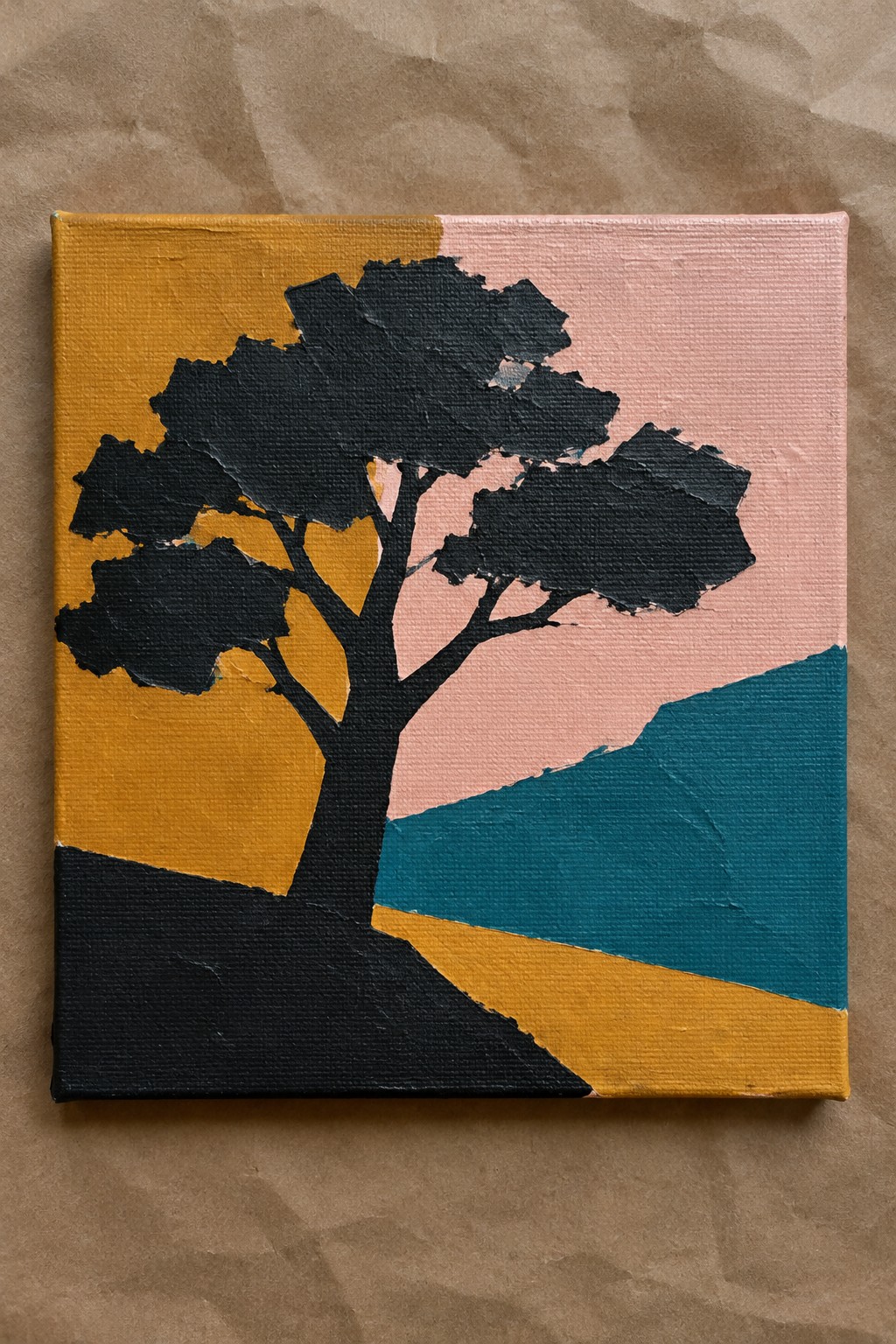 A square canvas with a black tree silhouette against yellow, pink, teal, and black geometric background sections.