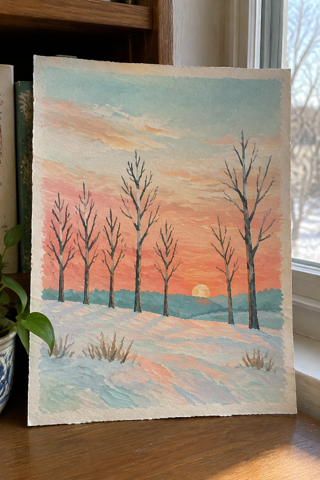 Watercolor painting of bare trees in snowy field under vibrant orange-pink sunset sky