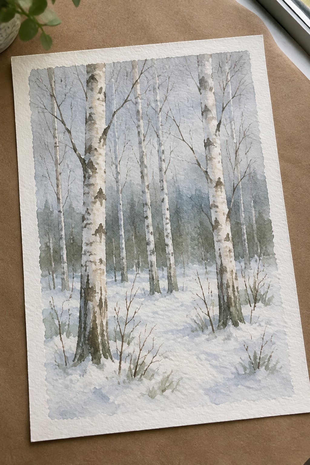 Watercolor painting of snow-covered birch trees in a misty winter forest