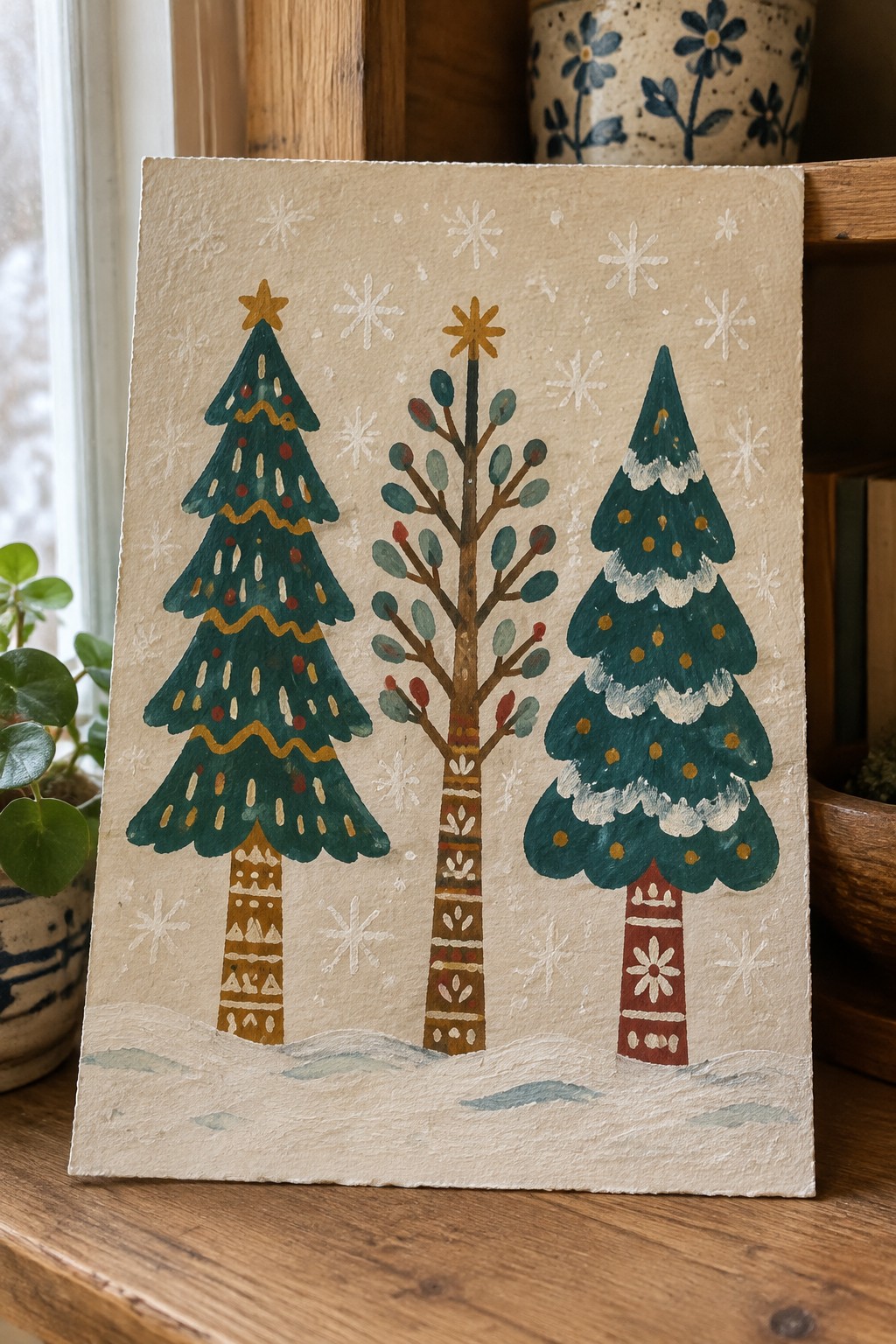 Three folk-art Christmas trees with patterned trunks on snowy beige paper.