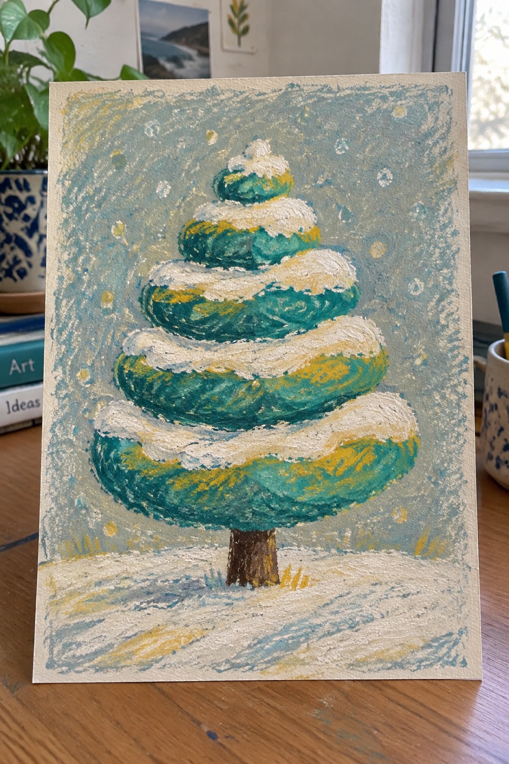 Impasto painting of tiered teal Christmas tree with white snow and yellow accents