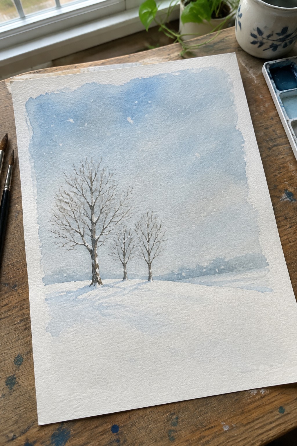 Watercolor of three bare trees in snowy field beside paintbrushes and palette