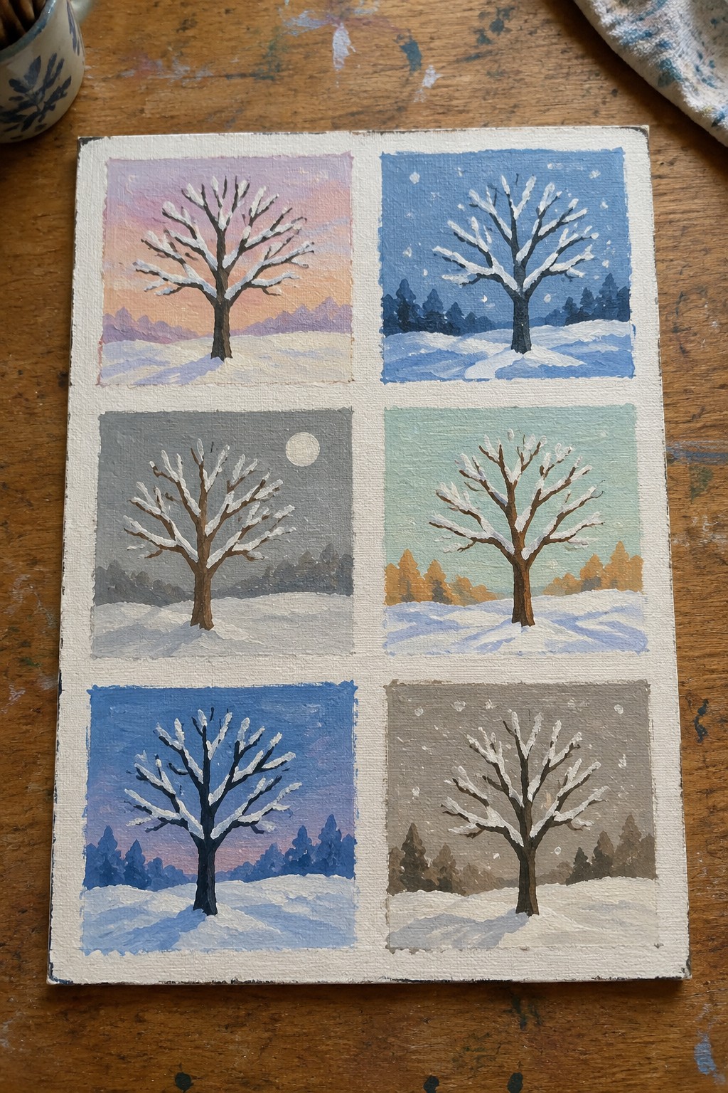 Grid of six painted winter scenes with snow-covered trees under colorful skies.