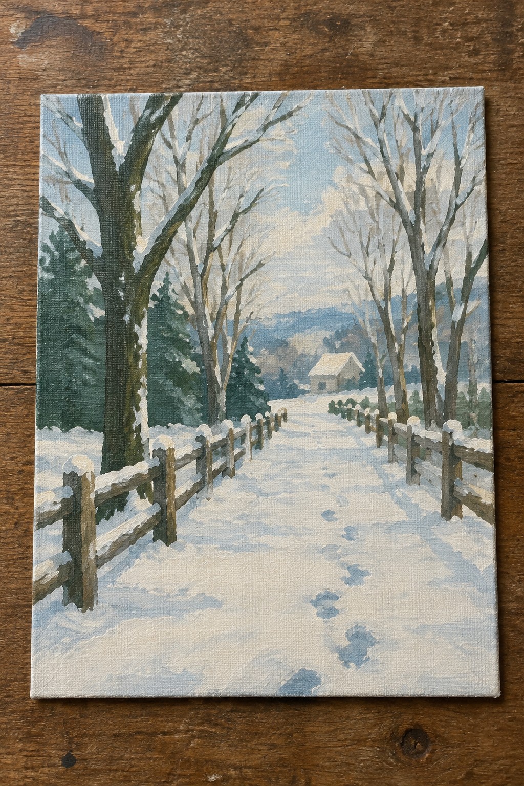 Snowy path with footprints between wooden fences and bare trees, distant house in painting