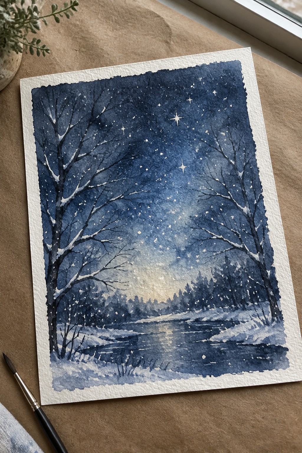 Watercolor of snowy night river with bare trees under starry sky beside paintbrush