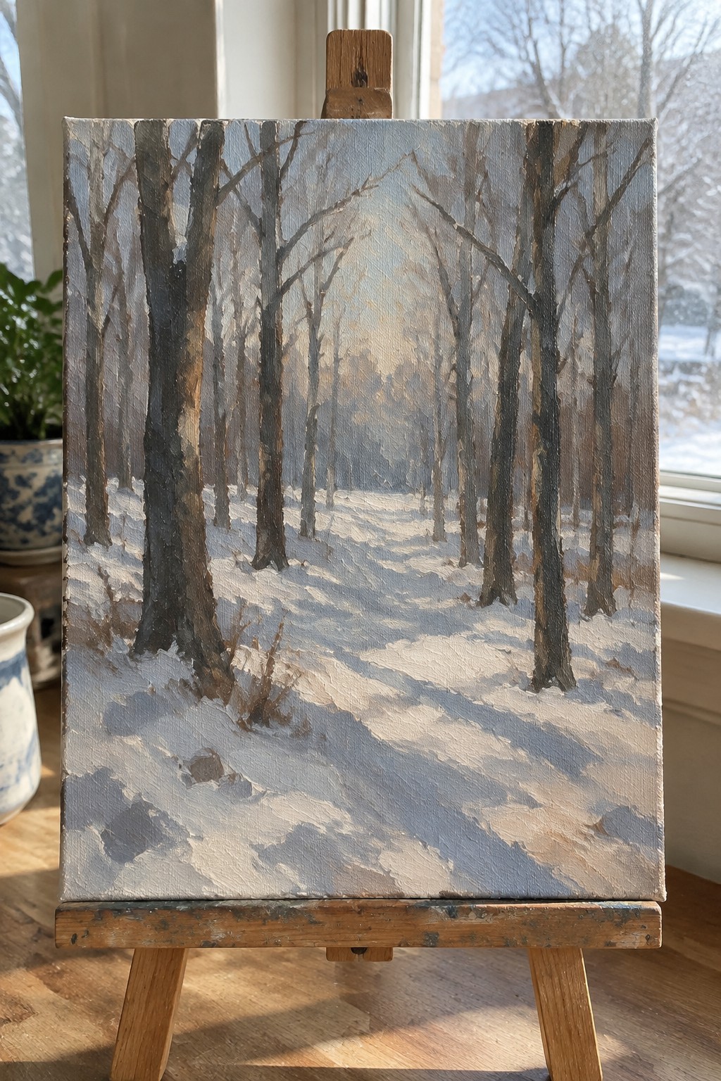 Snowy forest path painting with bare trees and shadows on wooden easel