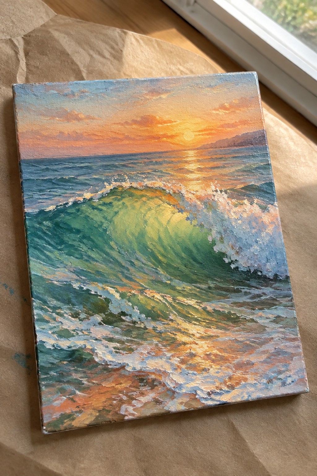 Oil painting of curling green wave crashing at vibrant orange sunset over ocean