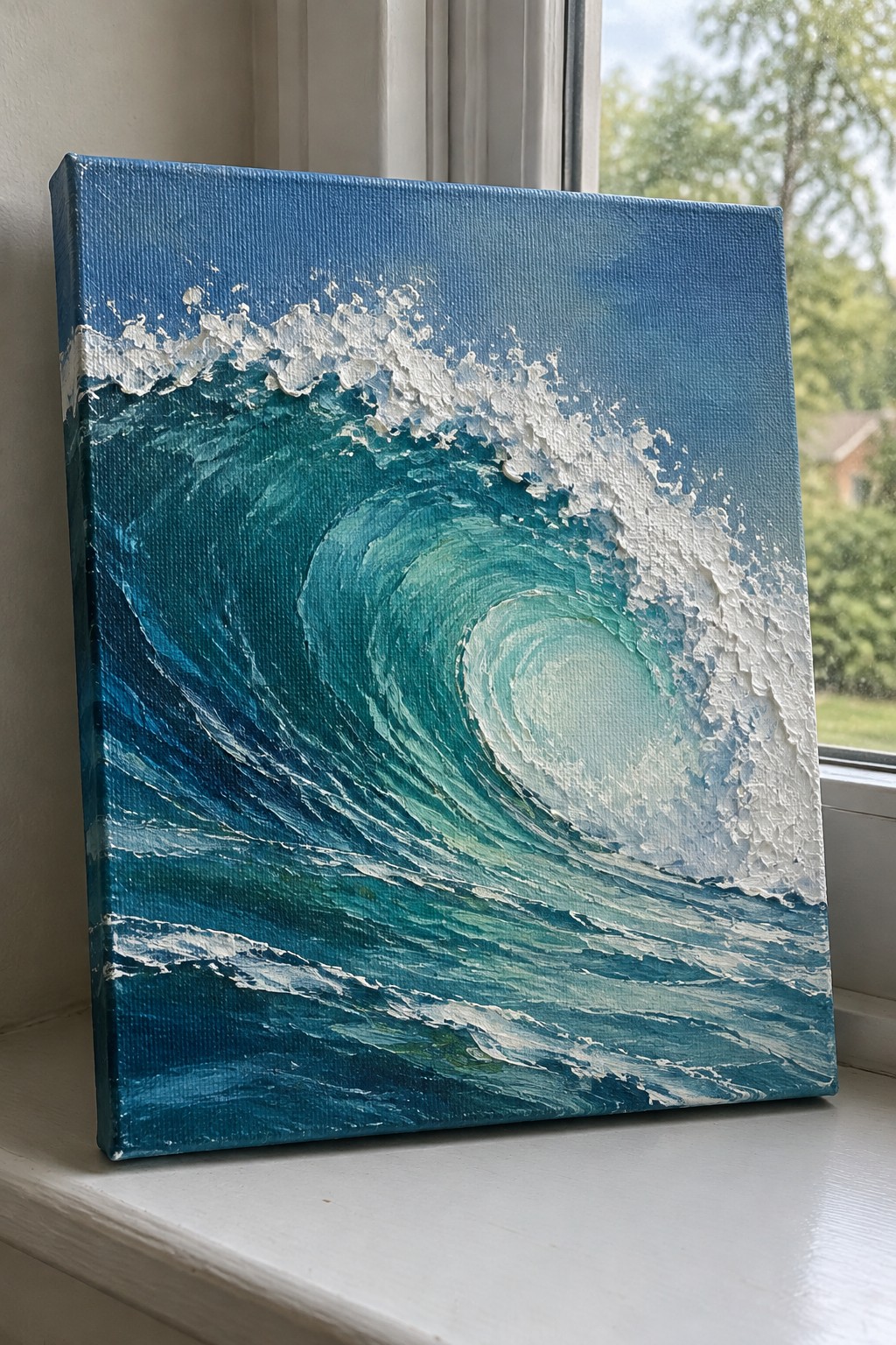 Canvas painting of curling teal ocean wave with white foam on windowsill