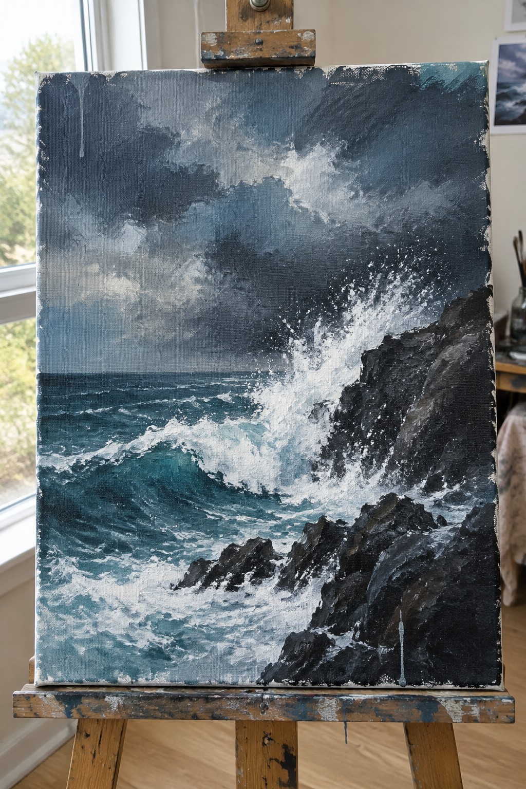 An acrylic painting on an easel showing waves crashing against dark rocks under a stormy sky.