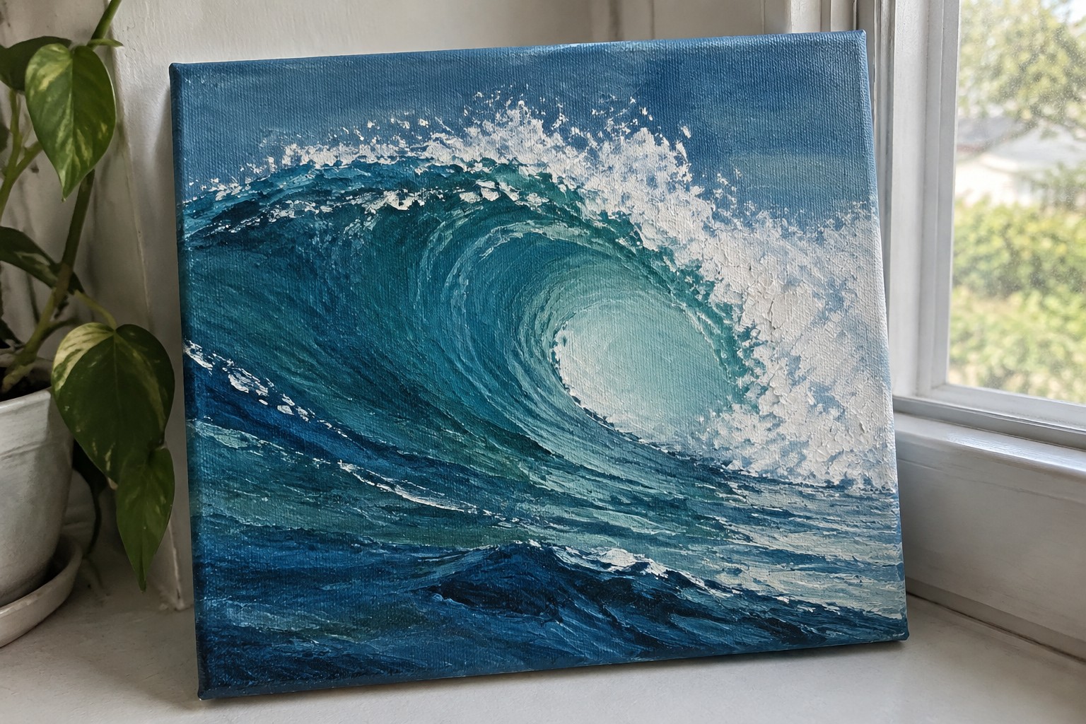 Canvas painting of curling teal ocean wave with white foam on windowsill