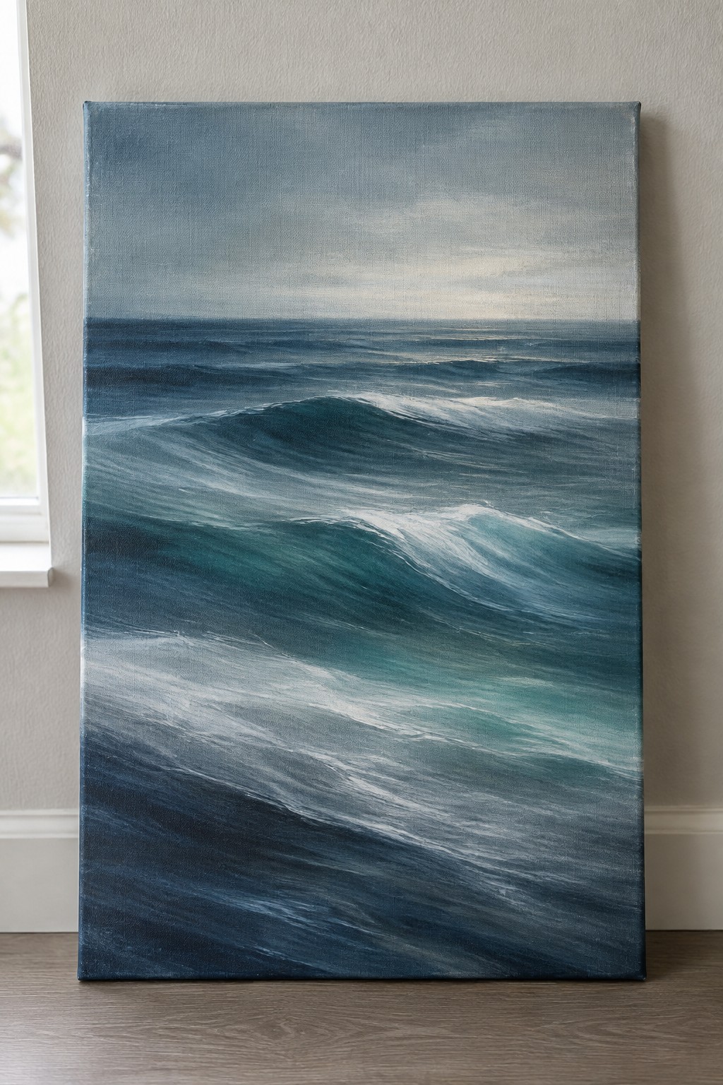 Realistic ocean wave painting on canvas showing multiple rolling waves with white foam against a plain wall.