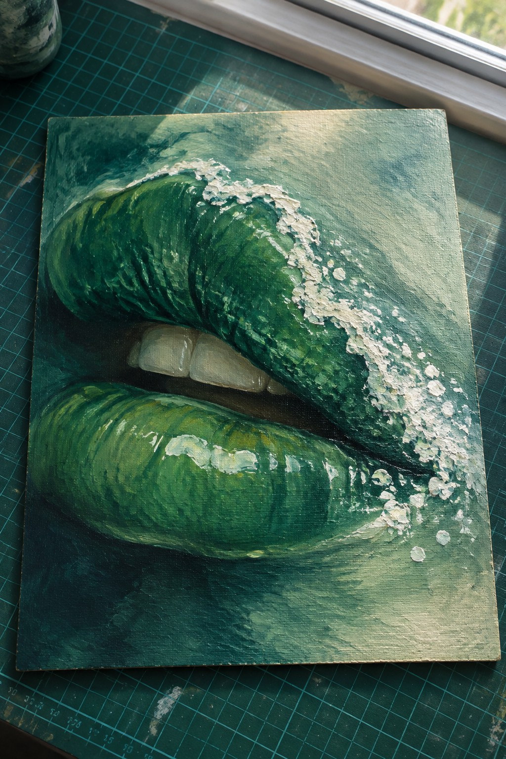 Thickly textured green lips painting on canvas atop green cutting mat by window