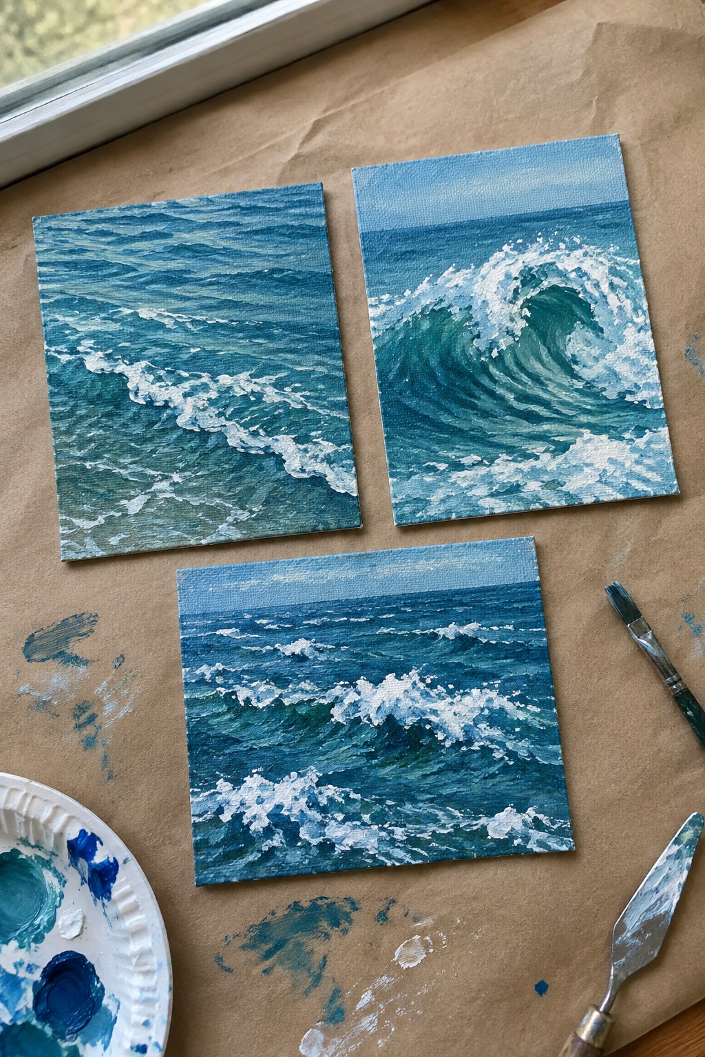 Three square canvases of blue ocean waves on brown paper with palette and tools.