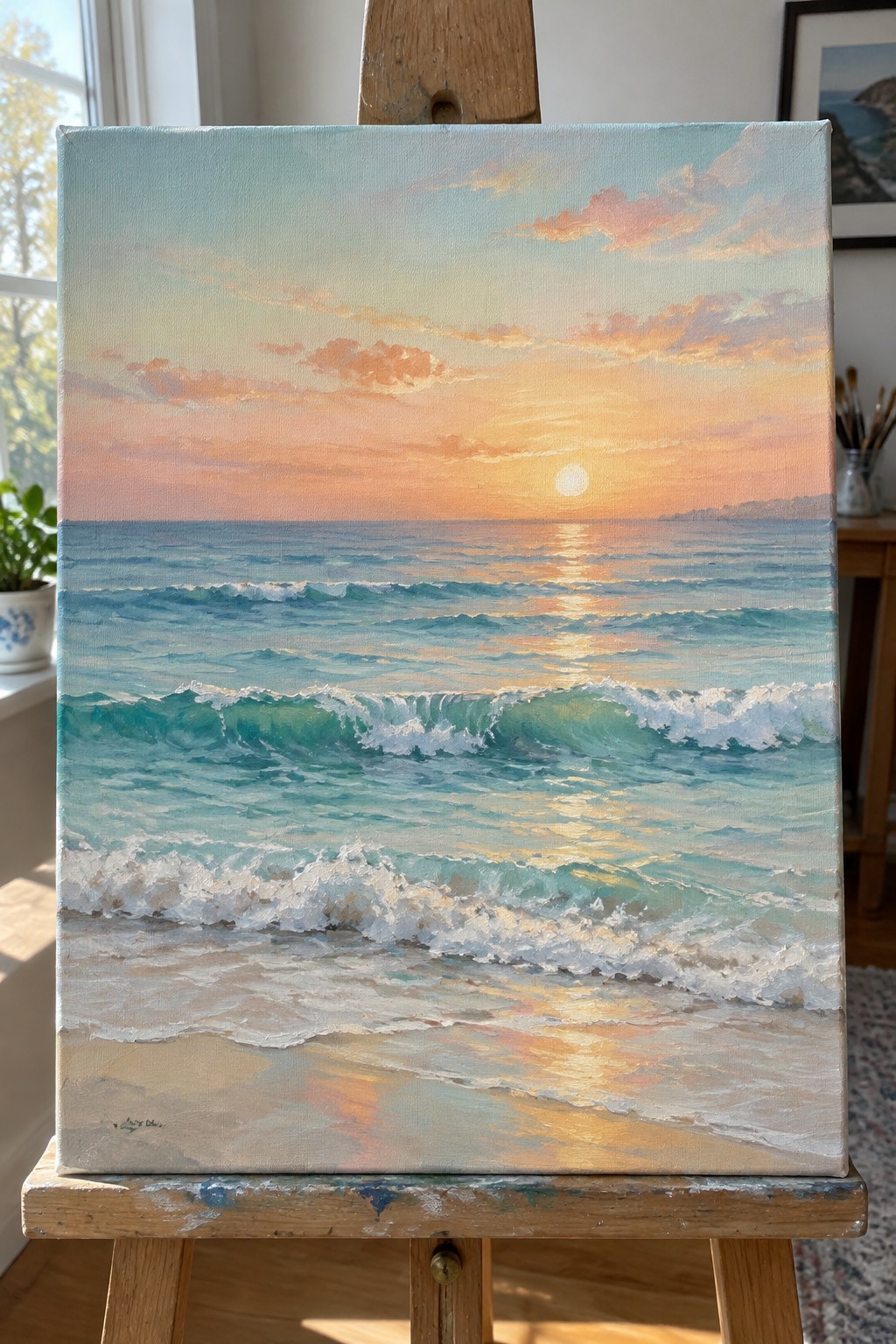 Sunset seascape with turquoise waves and golden reflections on wooden easel