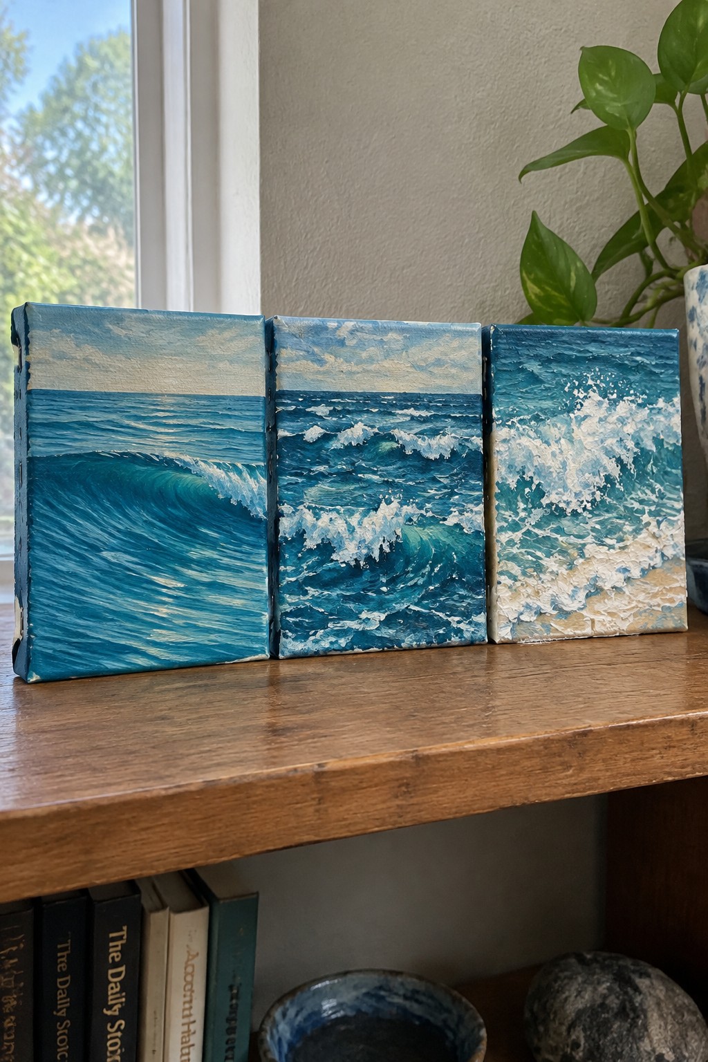 Three ocean wave paintings on wooden shelf by window with books below