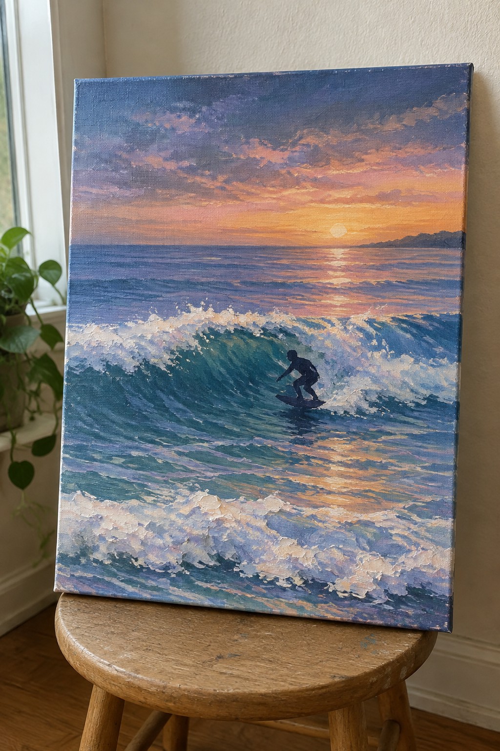 Oil painting of silhouetted surfer on wave at vibrant sunset on wooden stool