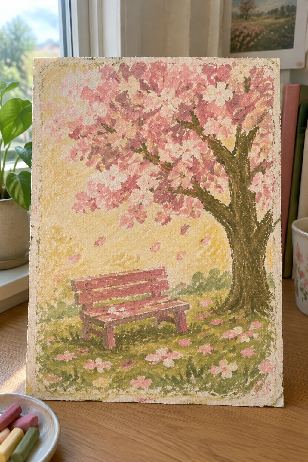 Colorful pastel painting of pink cherry blossoms above red bench on grassy ground with petals