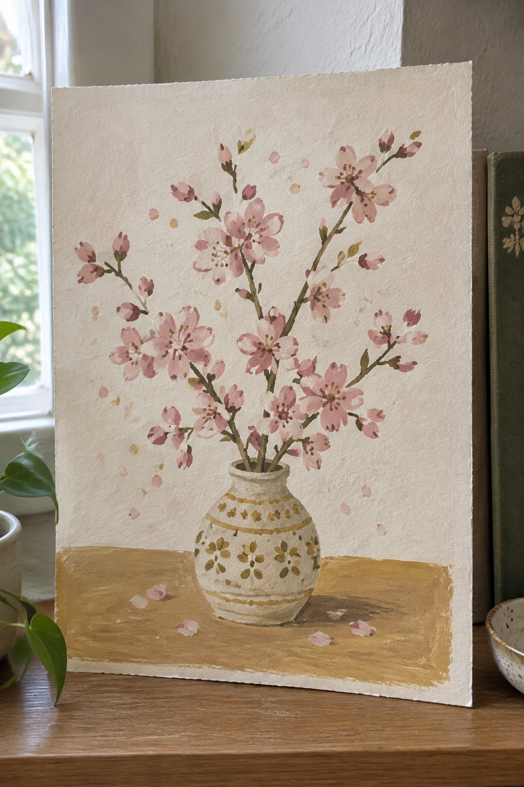 Watercolor of pink cherry blossoms in a gold-patterned vase on wooden table with scattered petals