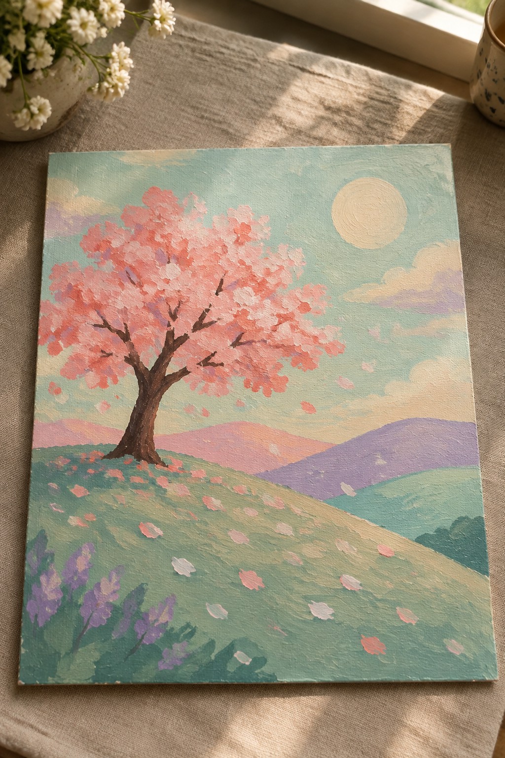 Pastel painting of pink cherry blossom tree with falling petals on rolling hills