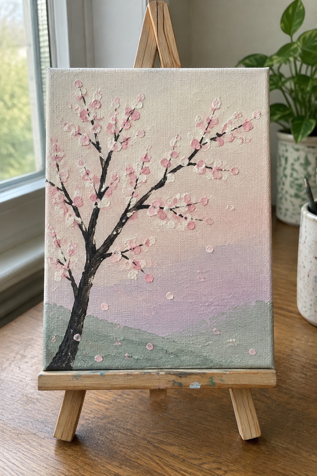Cherry blossom tree with pink flowers on canvas atop wooden easel in room