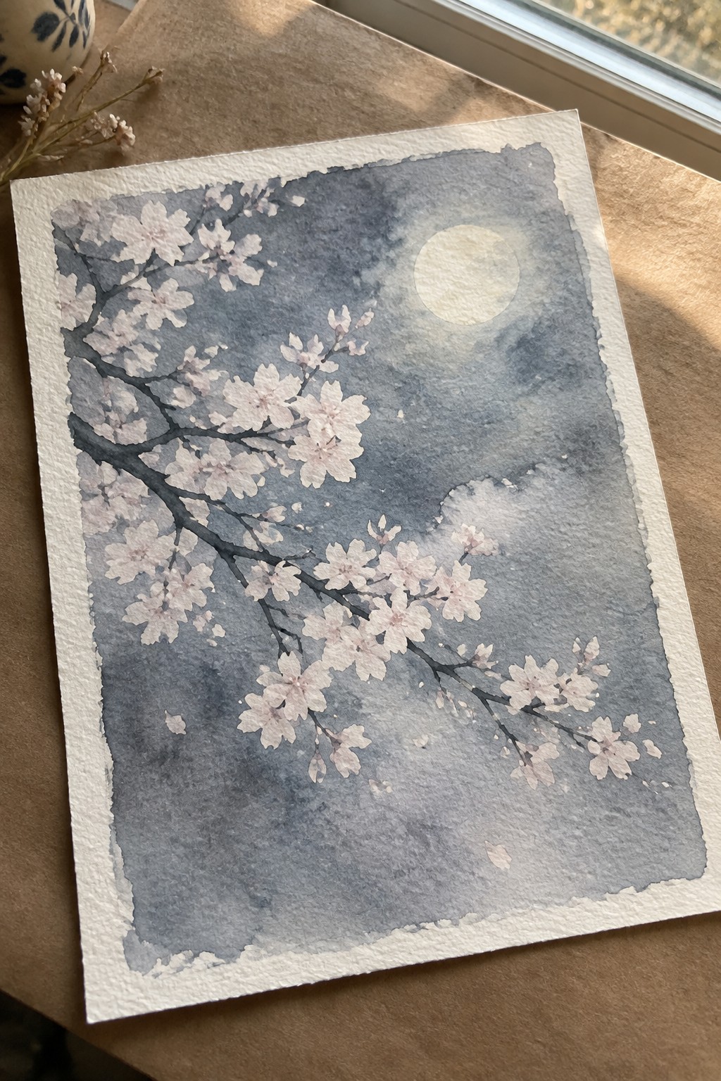 Watercolor painting of cherry blossoms and moon on paper beside window and cup