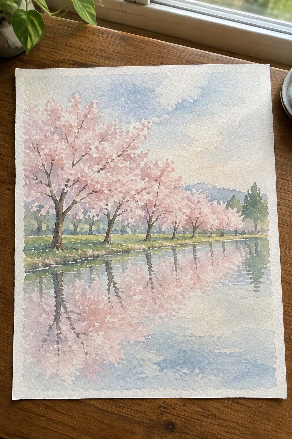 Watercolor of pink cherry trees reflected in river with distant mountains and blue sky