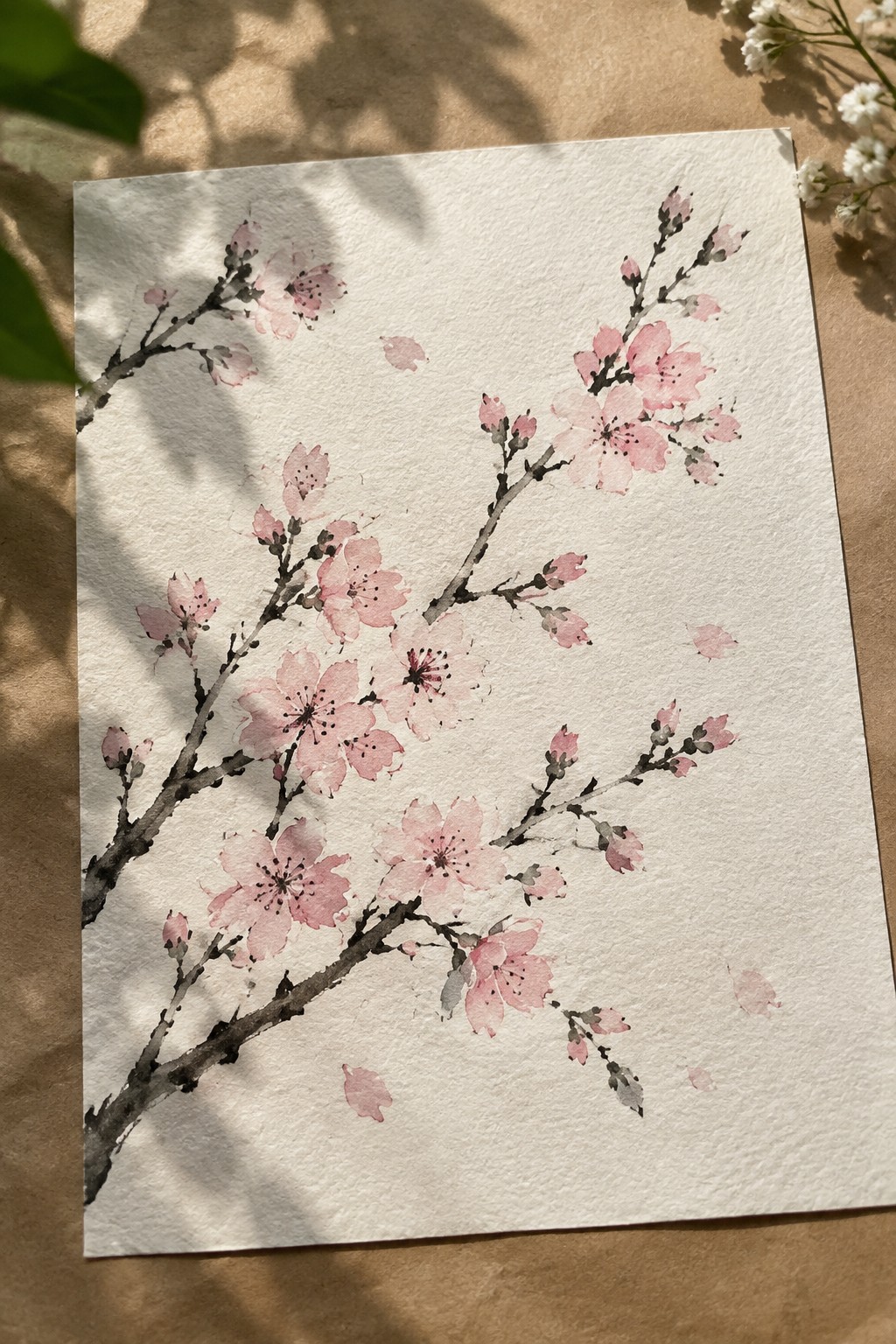 Watercolor painting of pink cherry blossom branches with scattered petals on white paper