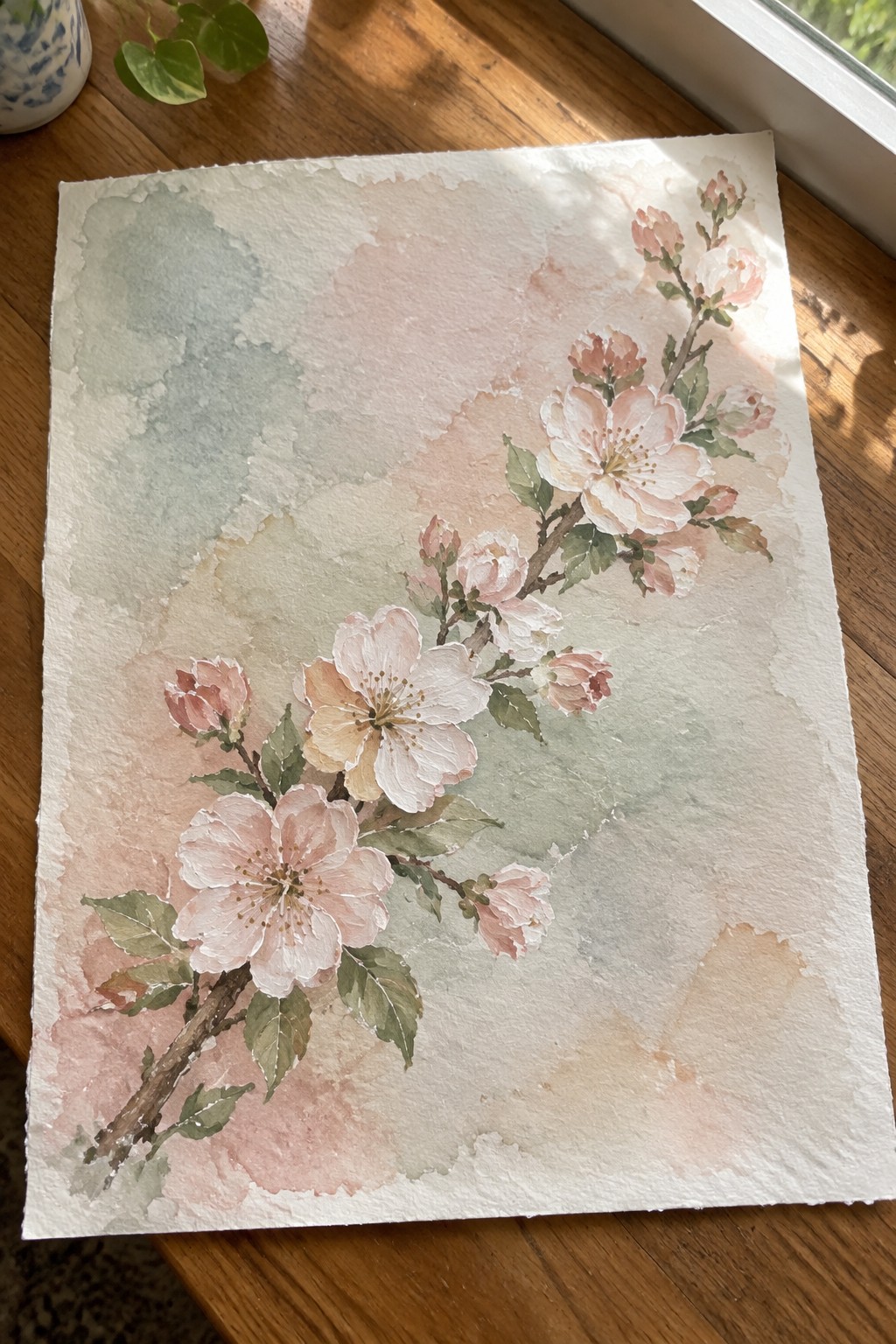 Watercolor painting of soft pink cherry blossoms on branches with green leaves
