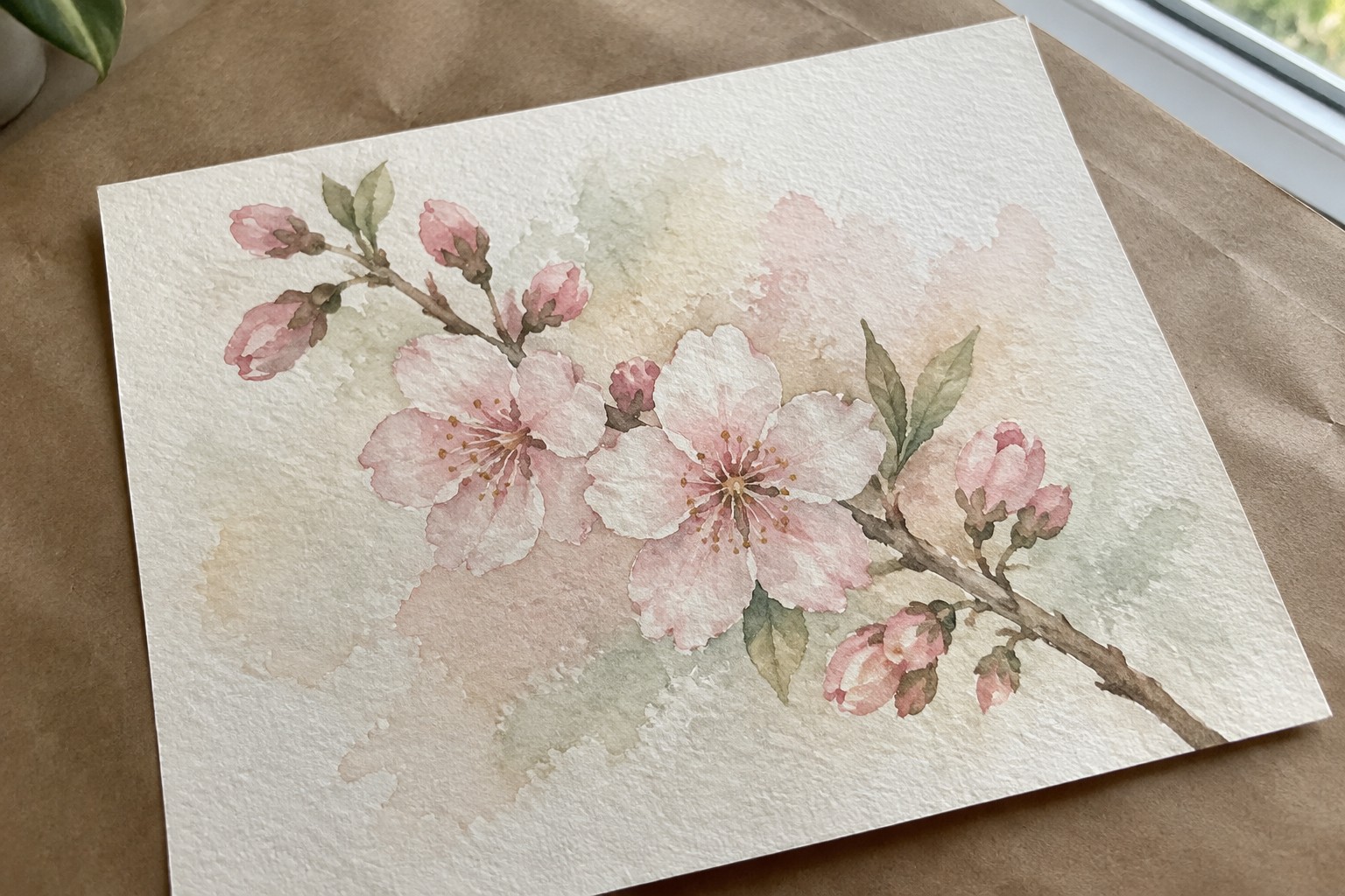 Watercolor painting of pink cherry blossoms beside paint palette and brush on paper