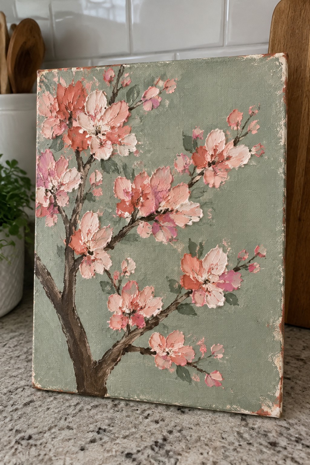 Impasto painting of pink cherry blossoms on brown branches against sage green background