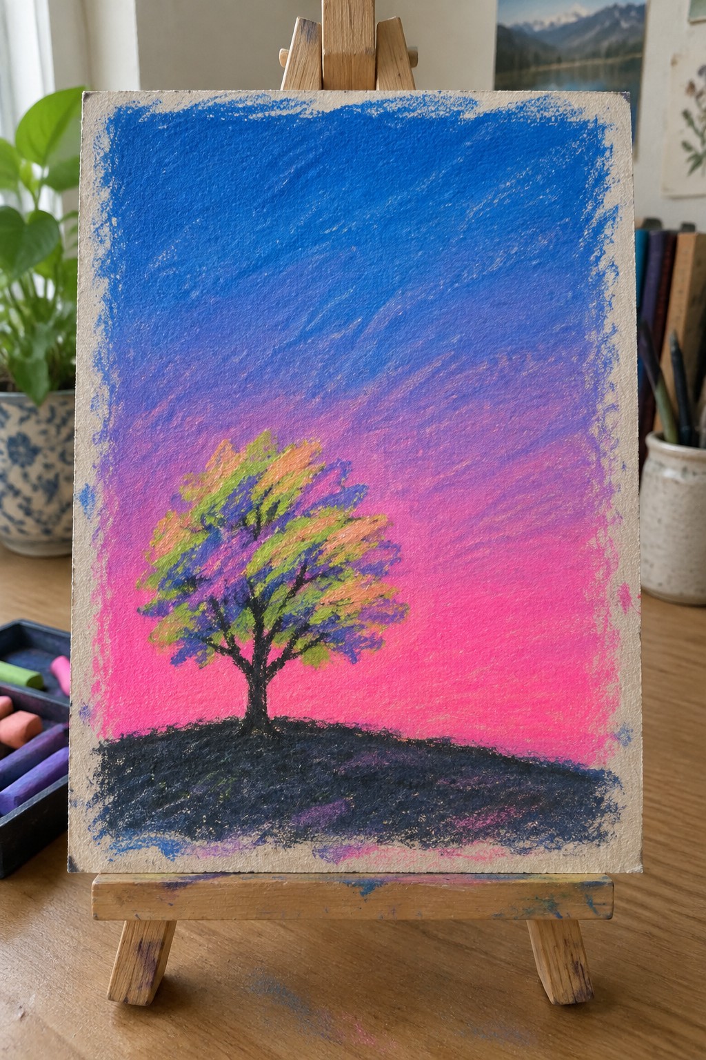 Vivid pastel painting of a colorful tree under a pink and blue sky on easel