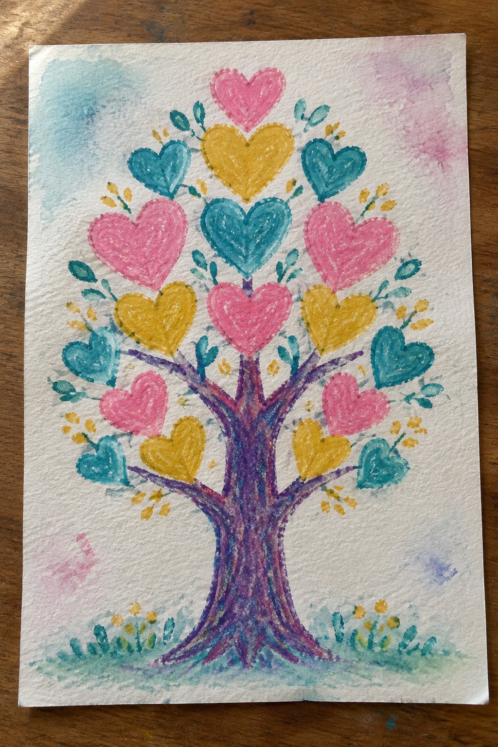 Colorful watercolor tree with pink, yellow, and teal heart-shaped leaves on purple trunk.