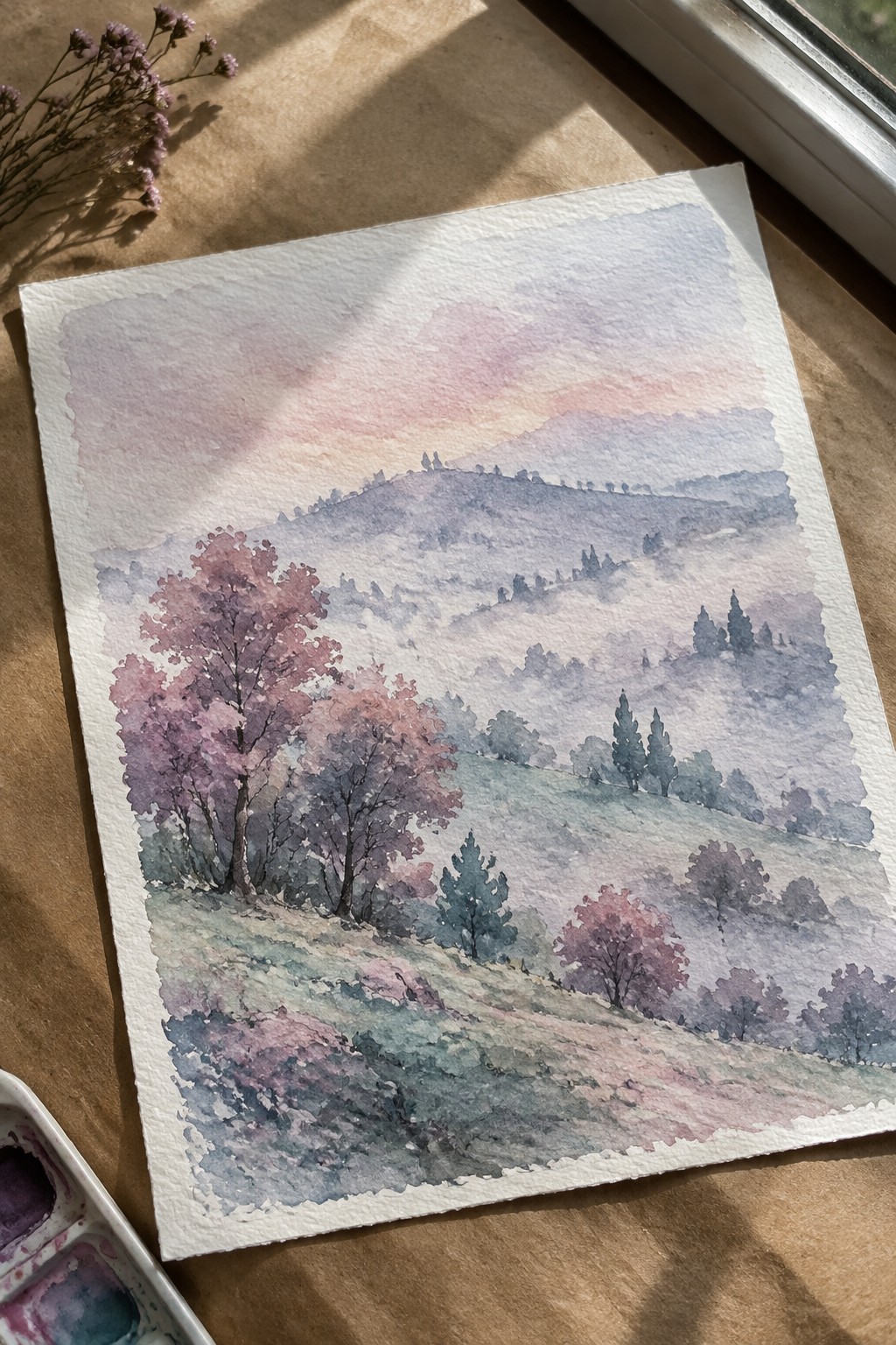 Watercolor painting of misty hills with pink trees under pastel sky on paper