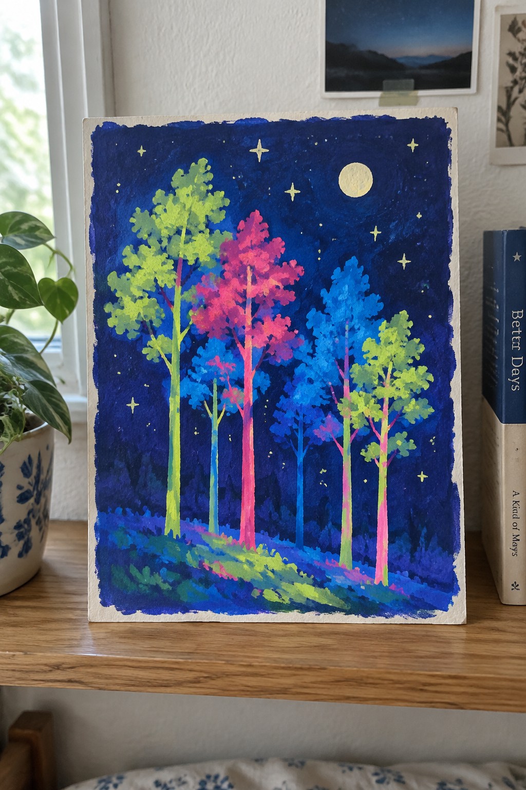 Vibrant painting of neon trees beneath a full moon in starry night sky