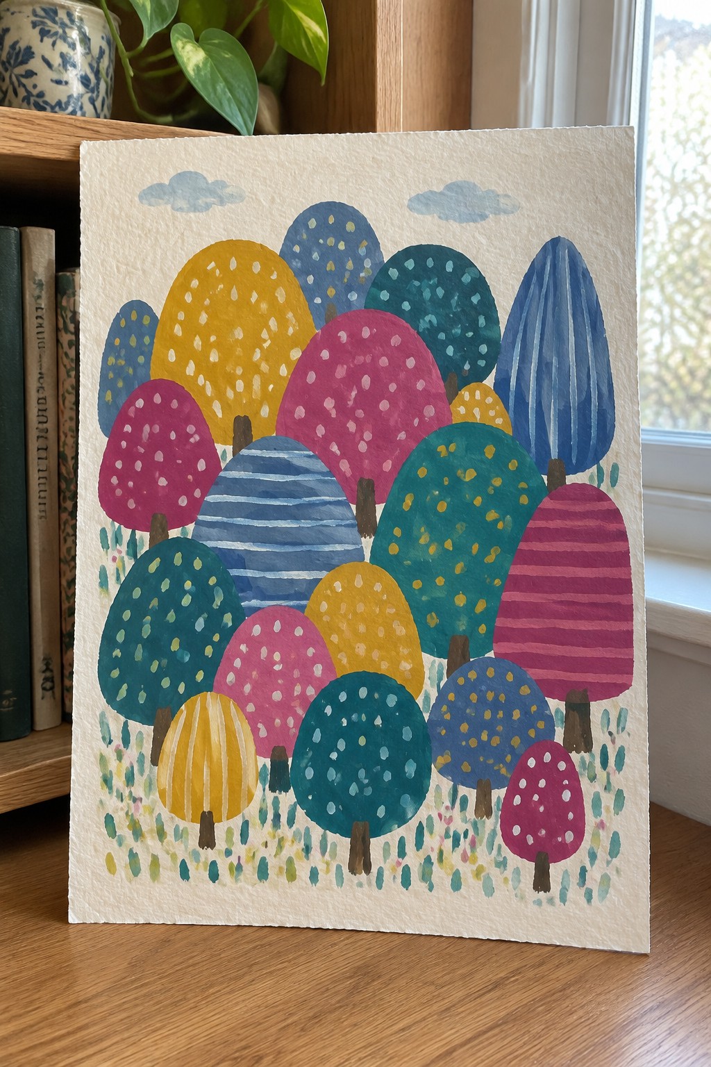 Colorful watercolor painting of whimsical patterned trees in pink, blue, yellow, and green.